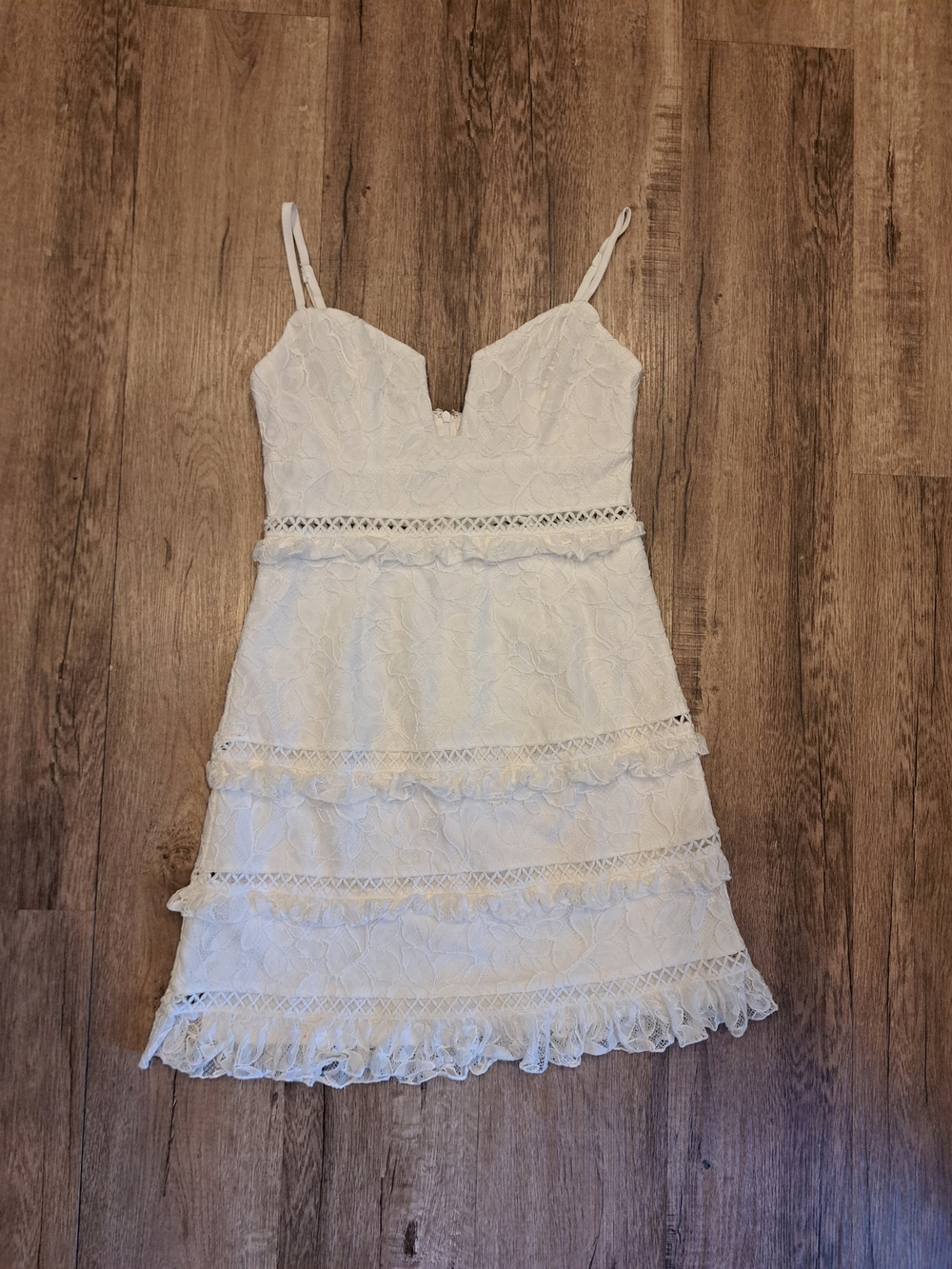 Selfie White Ruffle Lace Spaghetti Strap Mini Dress in Ivory